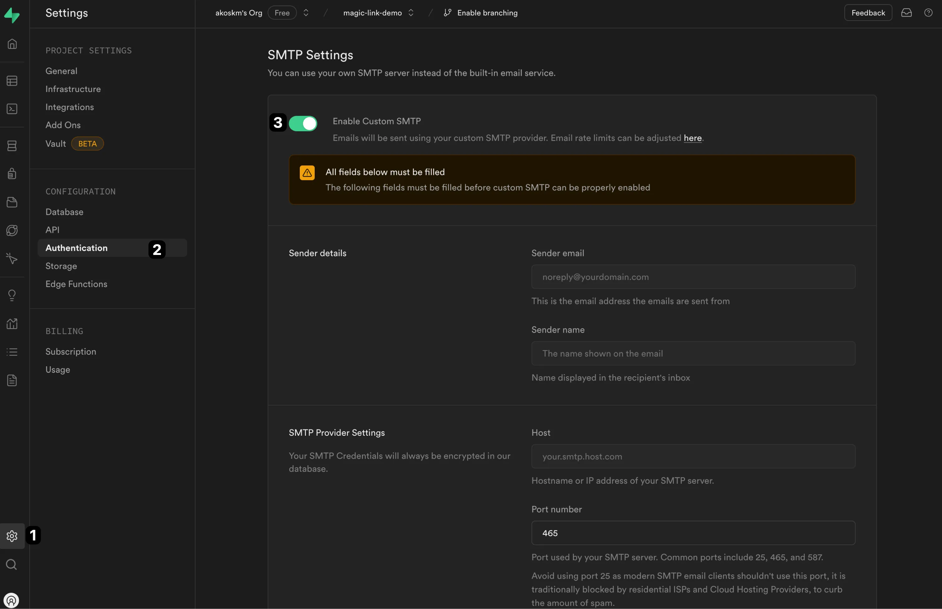 Supabase authentication settings with Enable Custom SMTP, on the old Project Settings page