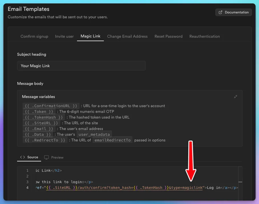 Supabase Magic Link template whose link still uses type=magiclink