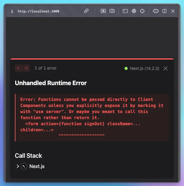 Next.js error overlay saying a server action was called on the server without the use server directive