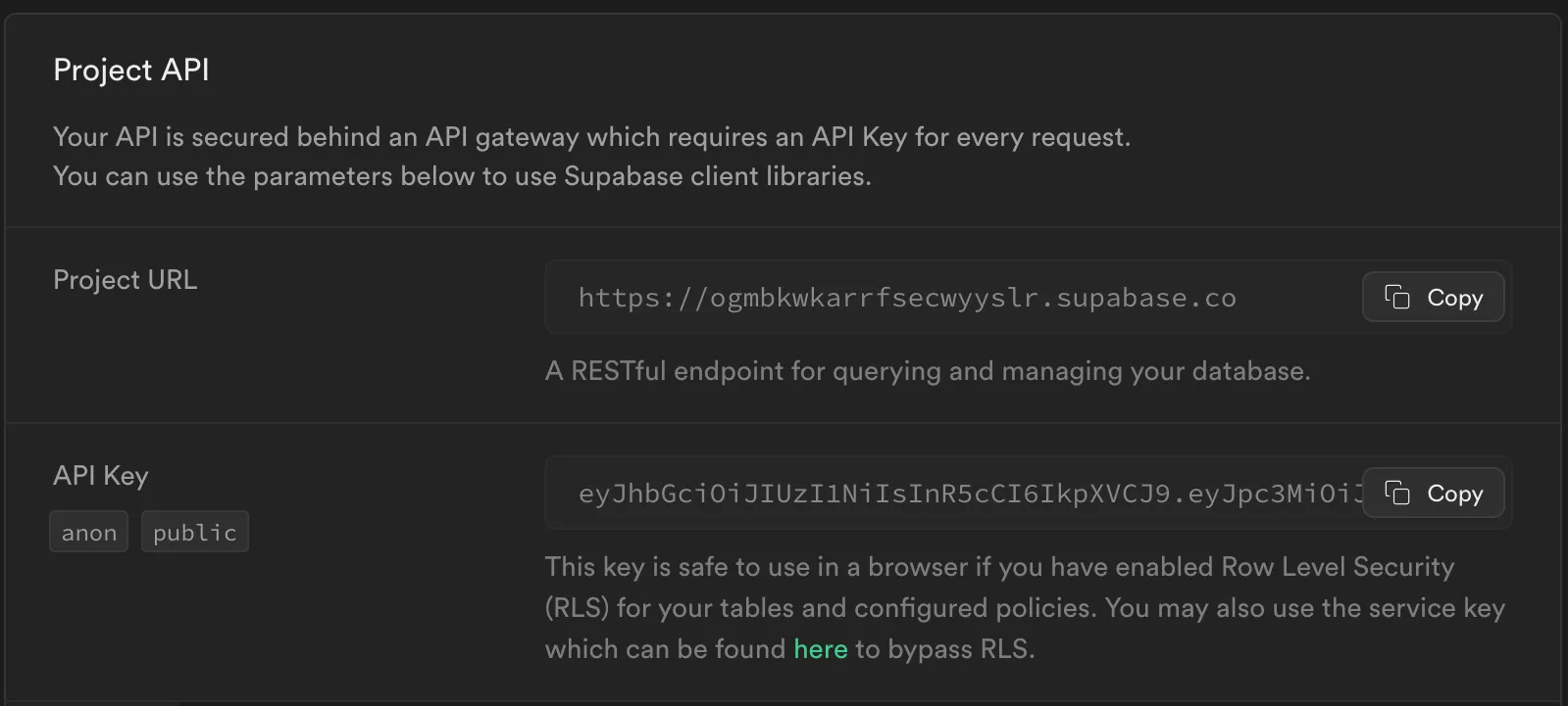 Supabase Connect dialog showing a project URL and a legacy anon key snippet for Next.js