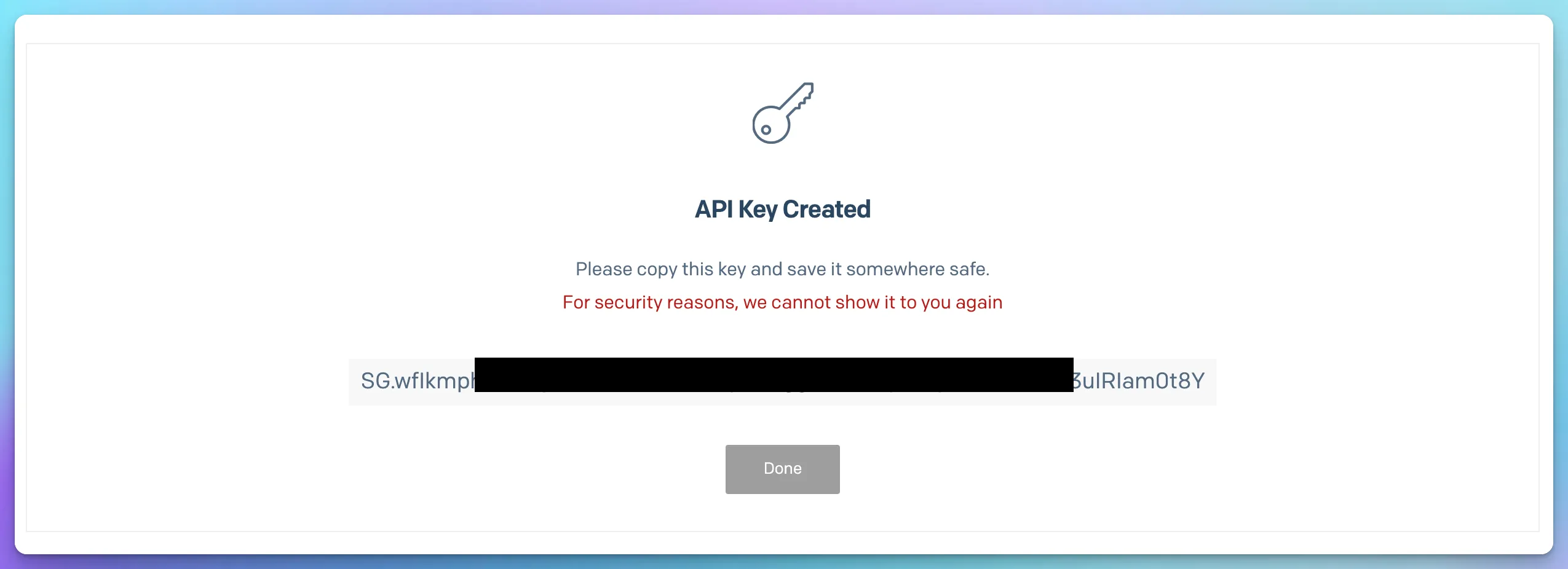 SendGrid Create API Key dialog set to Restricted Access with Mail Send enabled
