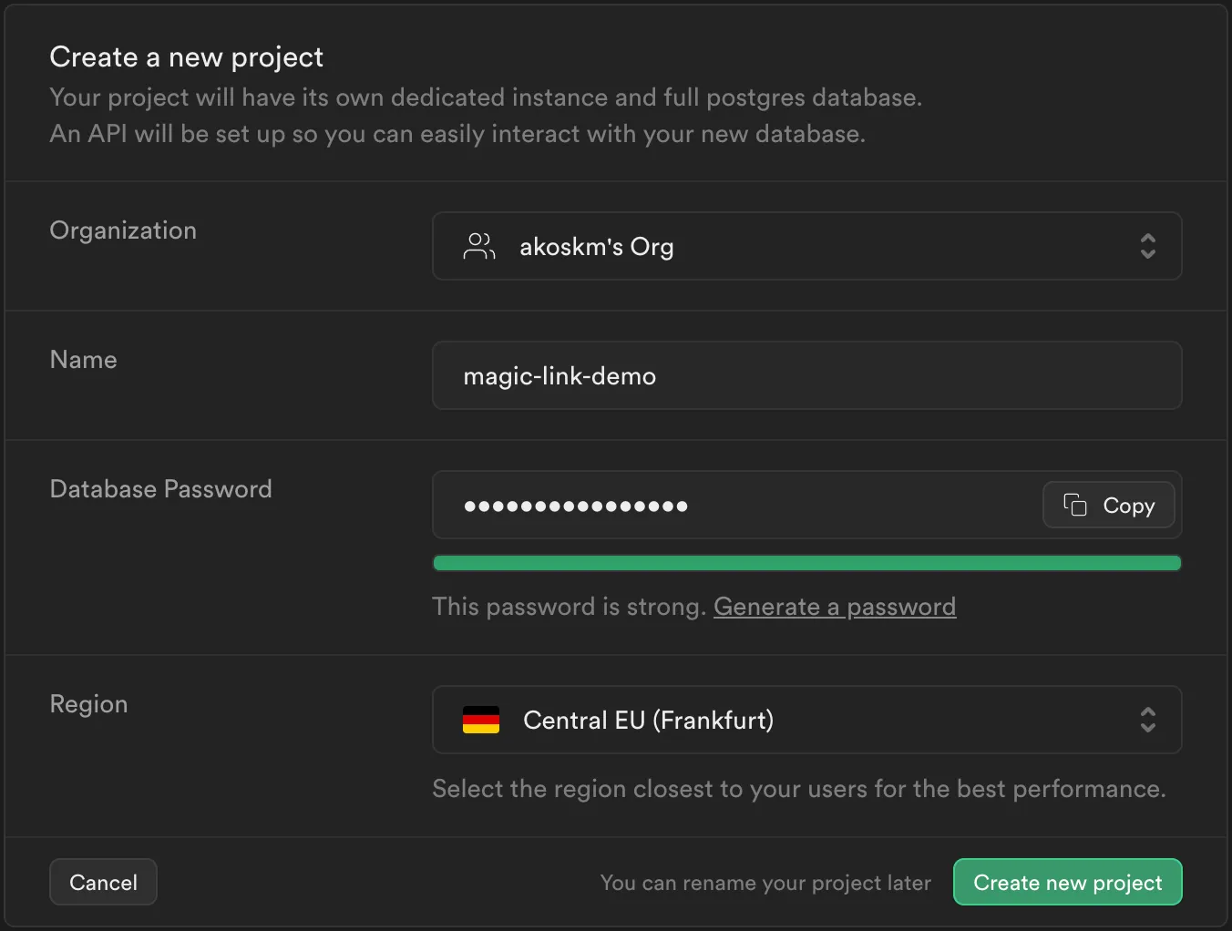 Supabase new project form with a project name, database password, and region