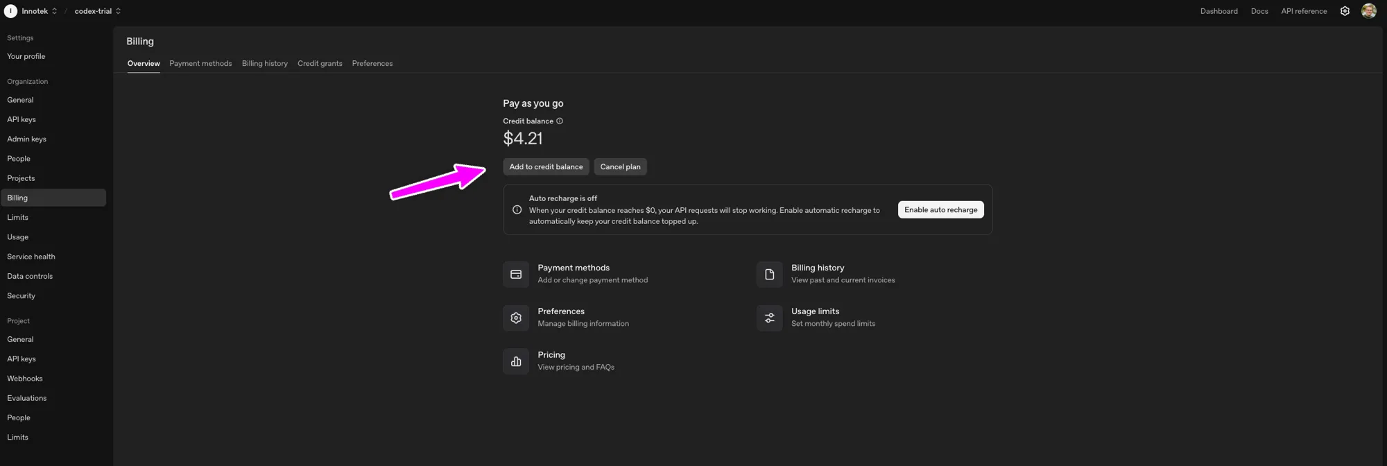 OpenAI billing with a $10 credit balance and Pay as you go selected.