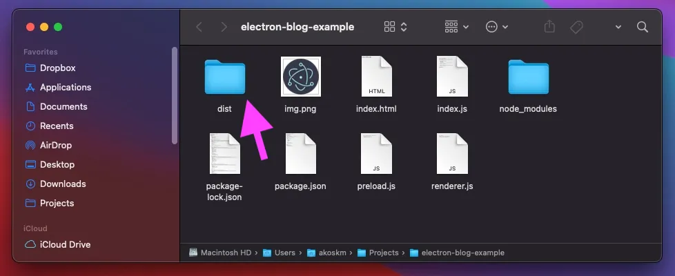 Finder showing the dist folder: the dmg, zip, blockmaps, and the packaged mac app.