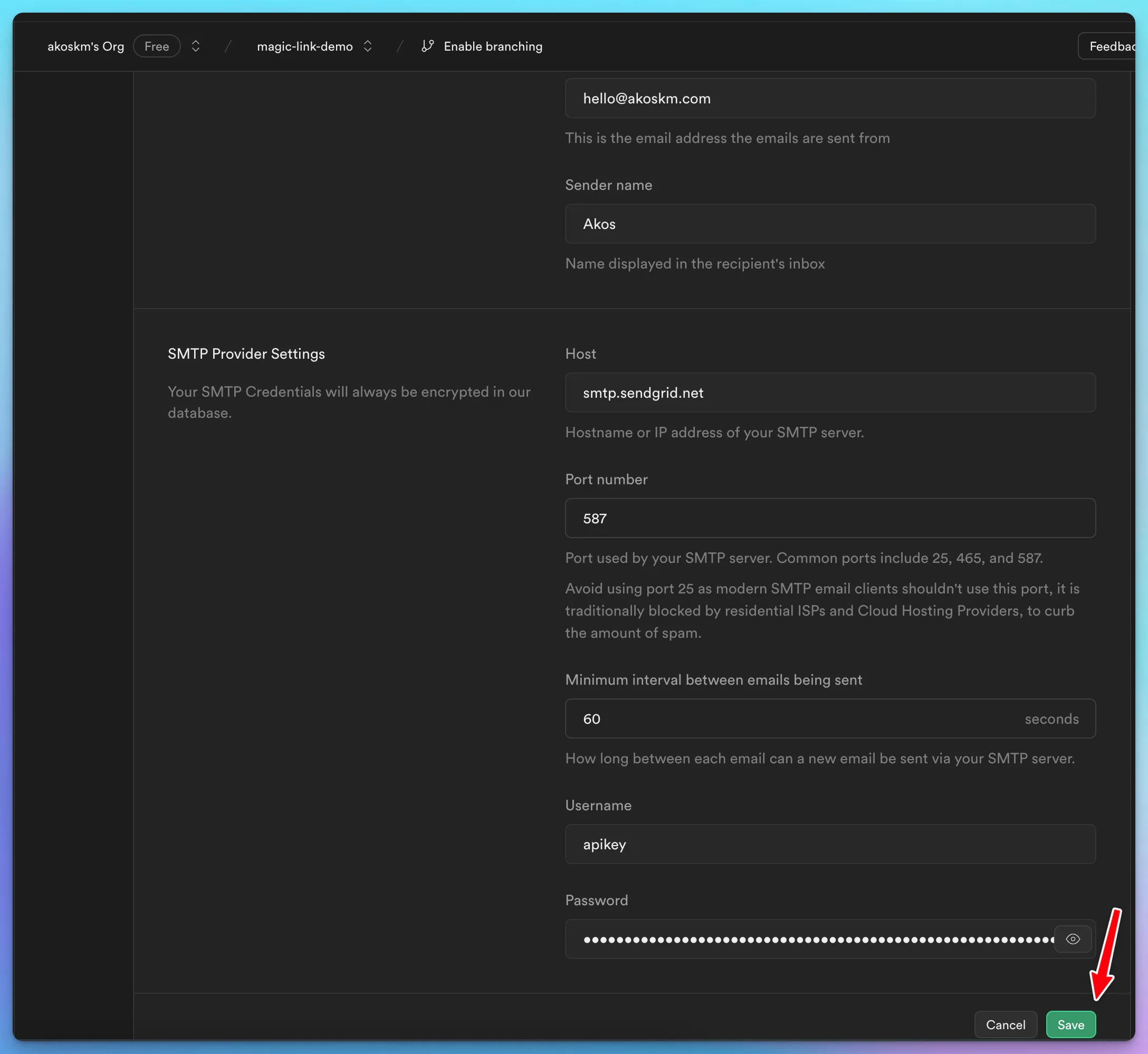 Supabase custom SMTP form filled with smtp.sendgrid.net, port 587, username apikey, and a sender address