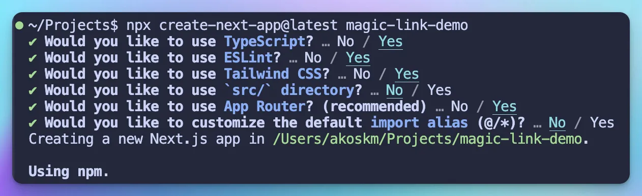 Next.js 14 create-next-app prompt with TypeScript, ESLint, Tailwind CSS, the App Router, and no src directory selected