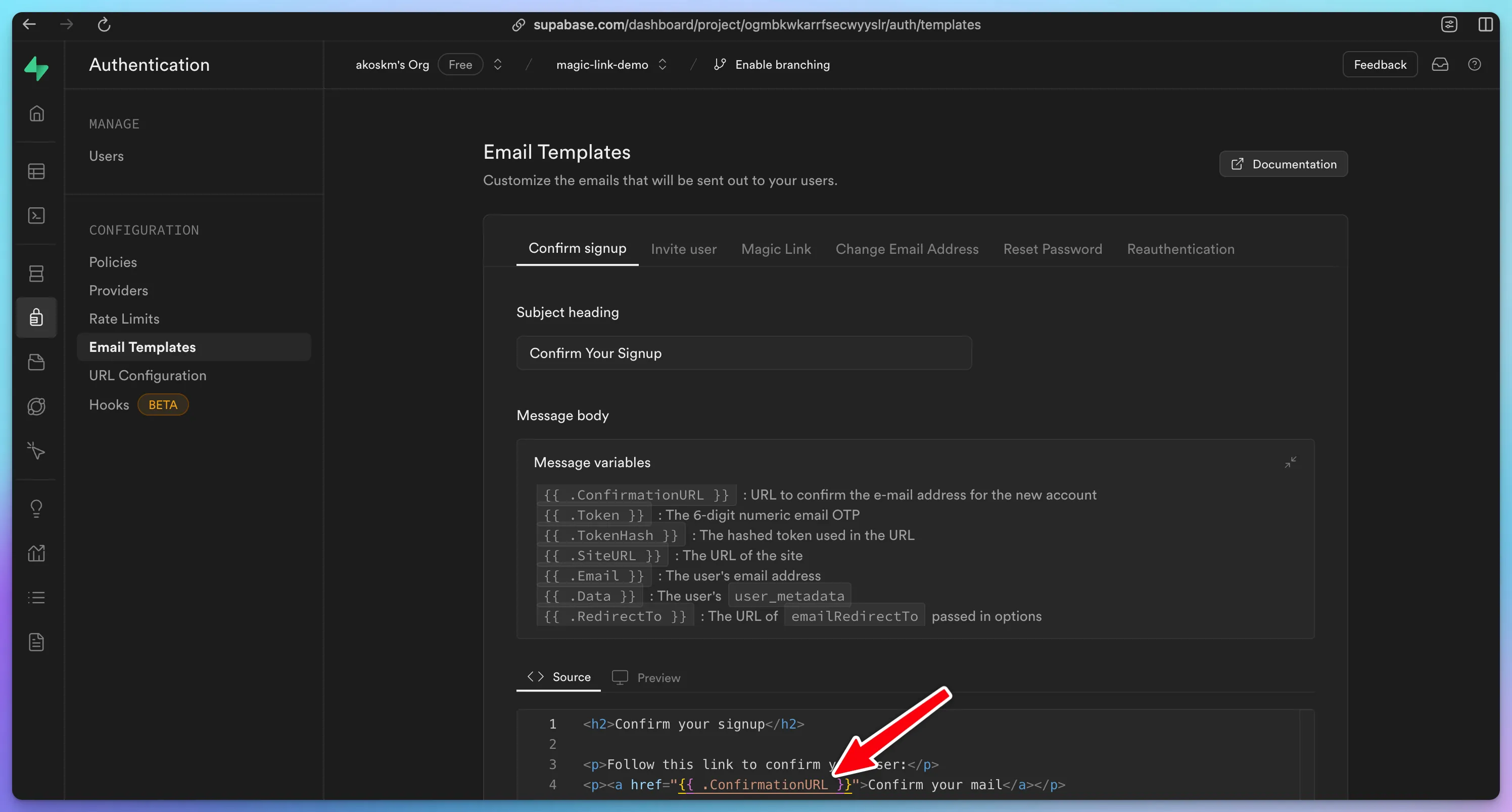 Supabase Confirm signup template whose link still uses type=signup