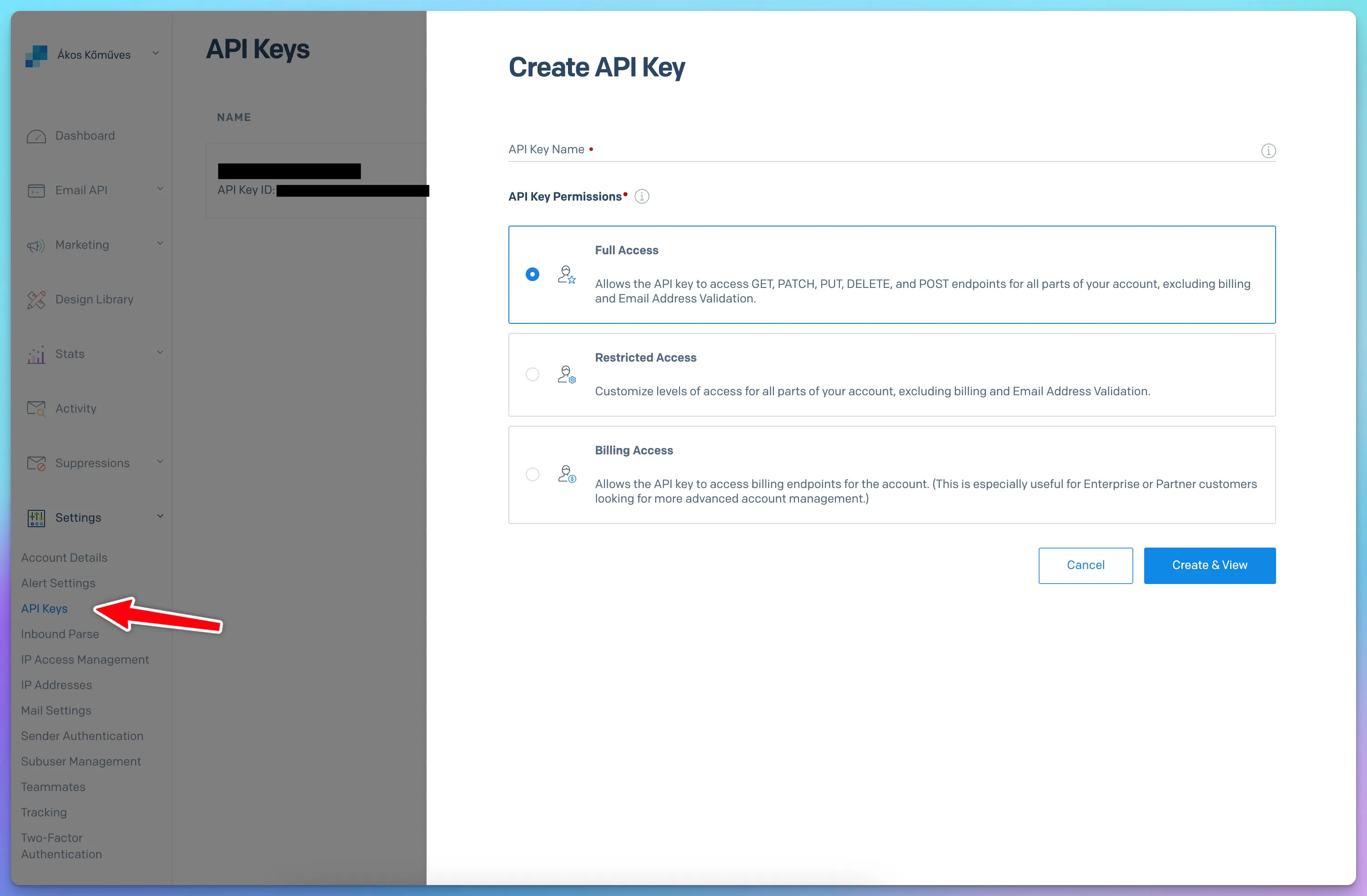 SendGrid API Keys page with the Create API Key button