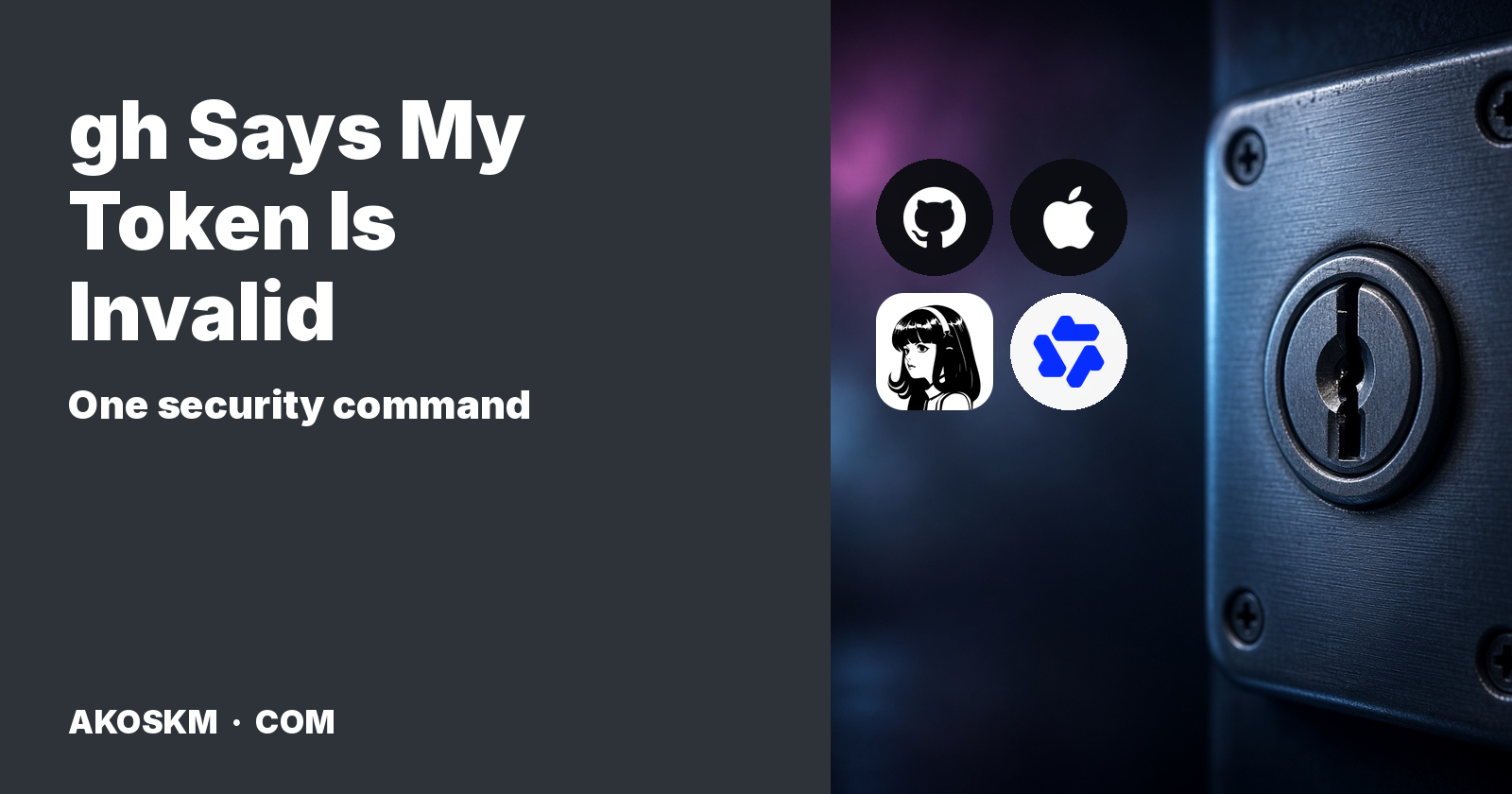 GitHub, Apple, Hermes, and Qwen logos beside a locked keyhole. The title reads gh Says My Token Is Invalid, one security command.