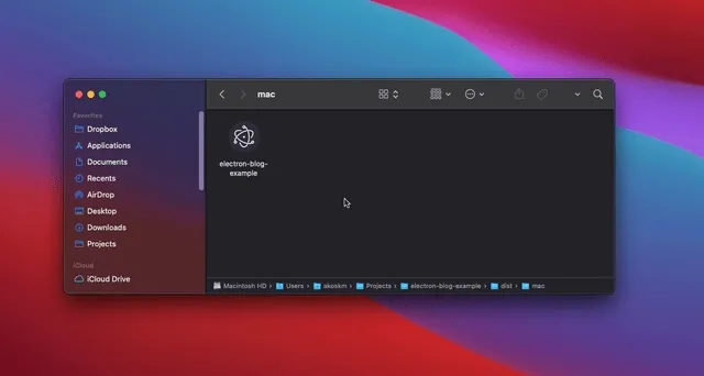 Double-clicking the app in the mac folder opens a window that says Hello from Electron blog example.