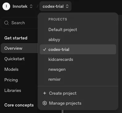 The Codex Experiments project on the OpenAI platform, with its API key.