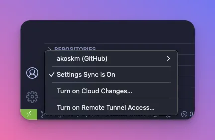 VS Code settings sync turned on